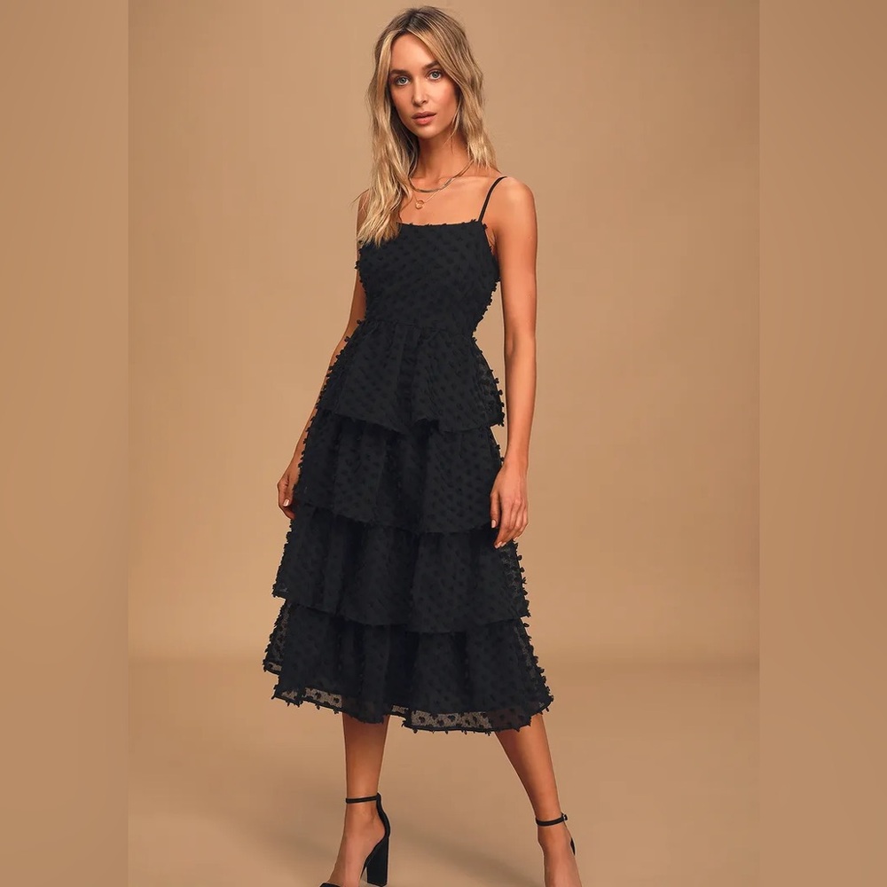Lulus Flirting with You Black Tiered Pom Pom Midi Dress
